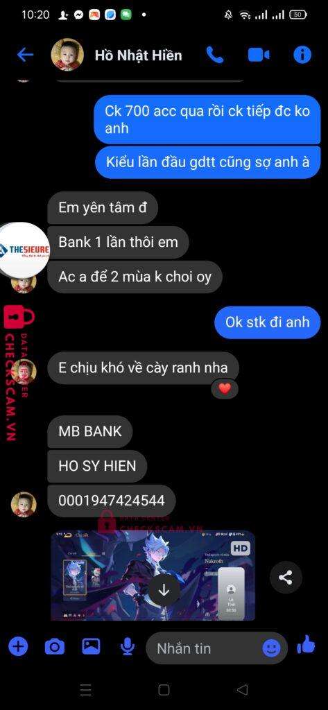 0001947424544 HO SY HIEN MB bị cảnh báo lừa đảo scam