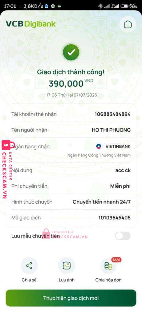 106883484894 HO THI PHUONG Vietinbank bị cảnh báo lừa đảo scam