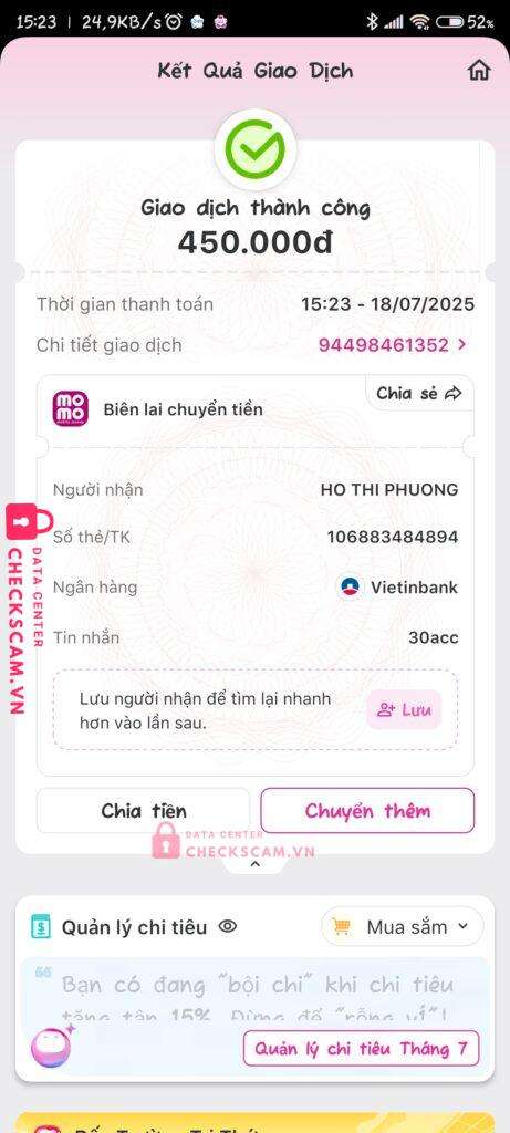 106883484894 HO THI PHUONG Vietinbank bị cảnh báo lừa đảo scam