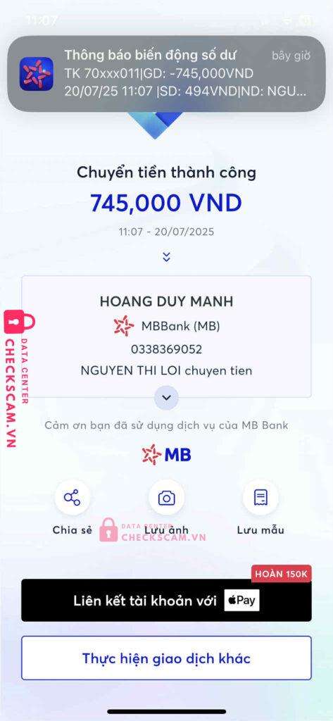 0338369052 HOANG DUY MANH MB BANK bị cảnh báo lừa đảo scam