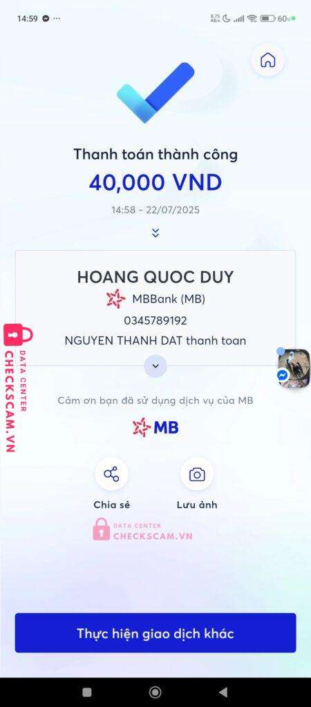 0345789192 HOANG QUOC DUY MB BANK bị cảnh báo lừa đảo scam