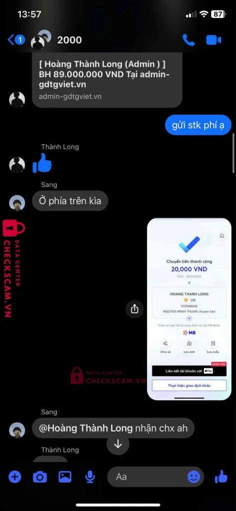072568635 HOANG THANH LONG VIB bị cảnh báo lừa đảo scam