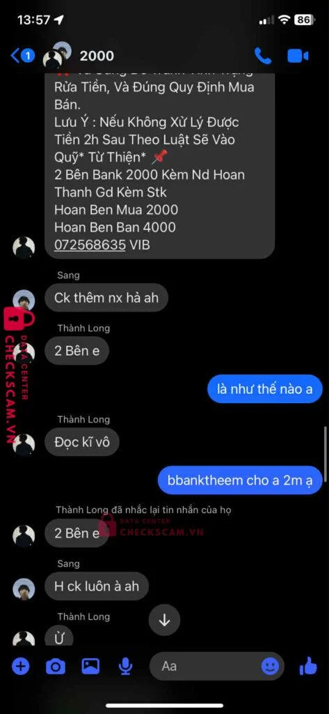 072568635 HOANG THANH LONG VIB bị cảnh báo lừa đảo scam
