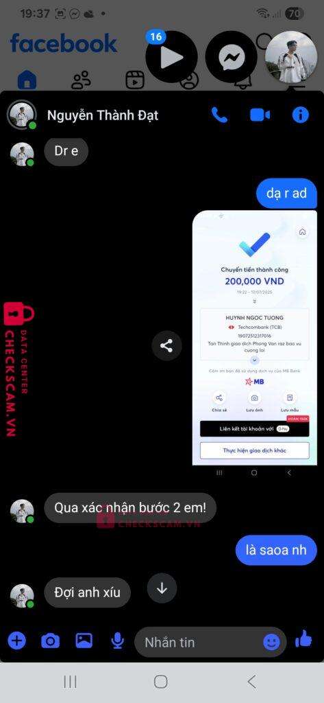19072512317016 HUYNH NGOC TUONG TECHCOMBANK bị cảnh báo lừa đảo scam