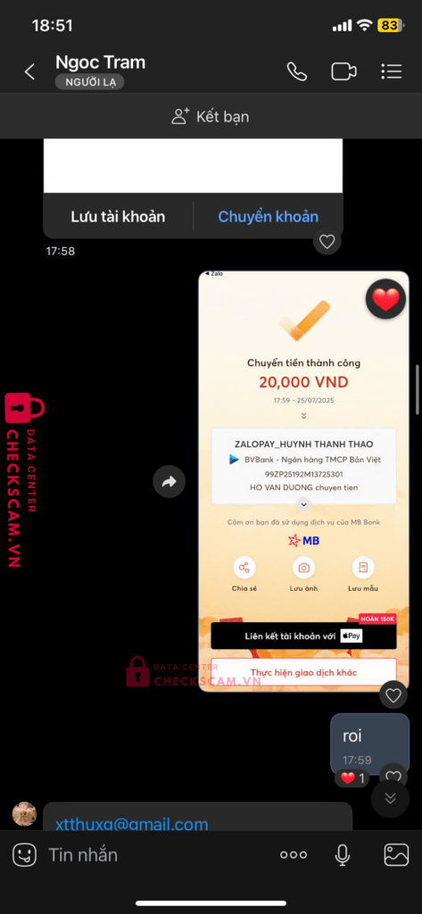 0787959928 HUYNH THANH THAO Zalo Pay bị cảnh báo lừa đảo scam