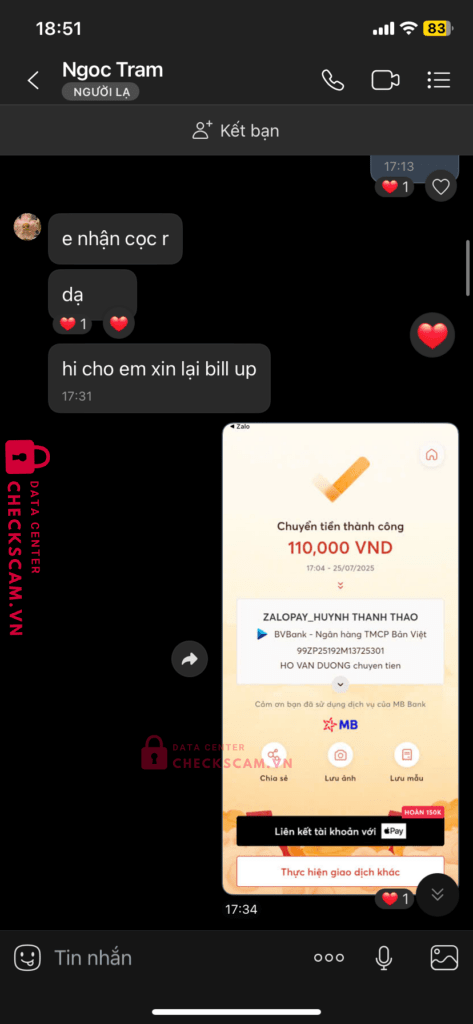 0787959928 HUYNH THANH THAO Zalo Pay bị cảnh báo lừa đảo scam