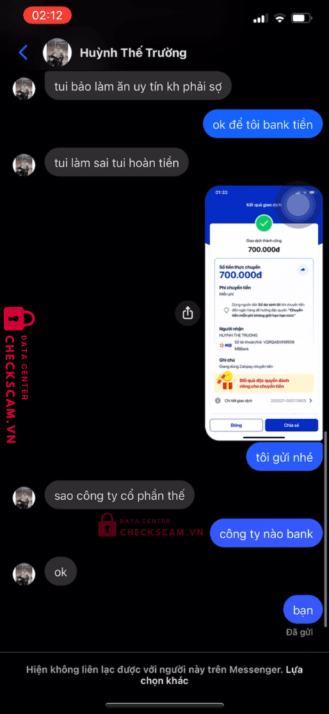 0868502612 HUYNH THE TRUONG MB BANK bị cảnh báo lừa đảo scam