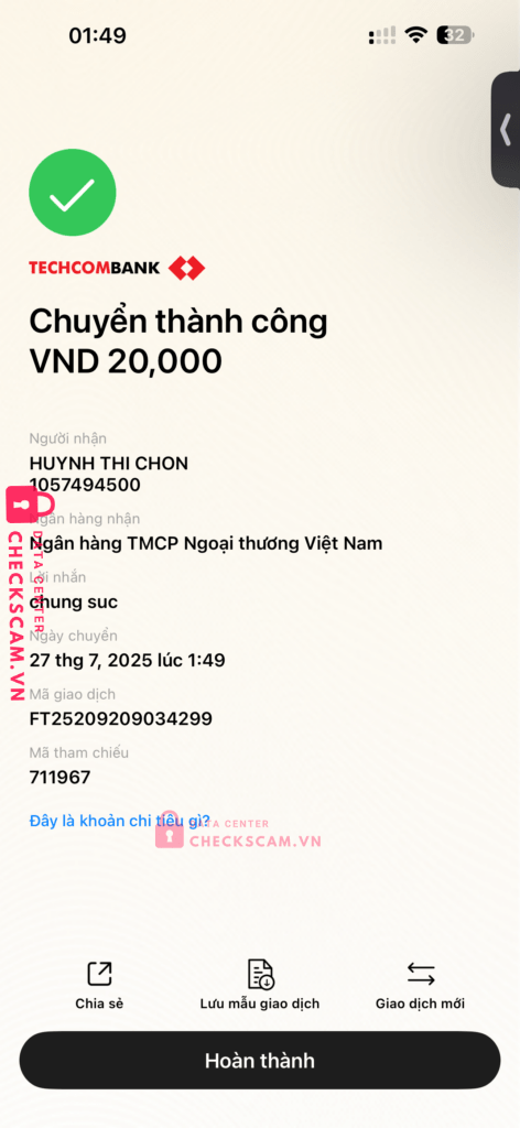 1057494500 HUYNH THI CHON Vietcombank bị cảnh báo lừa đảo scam