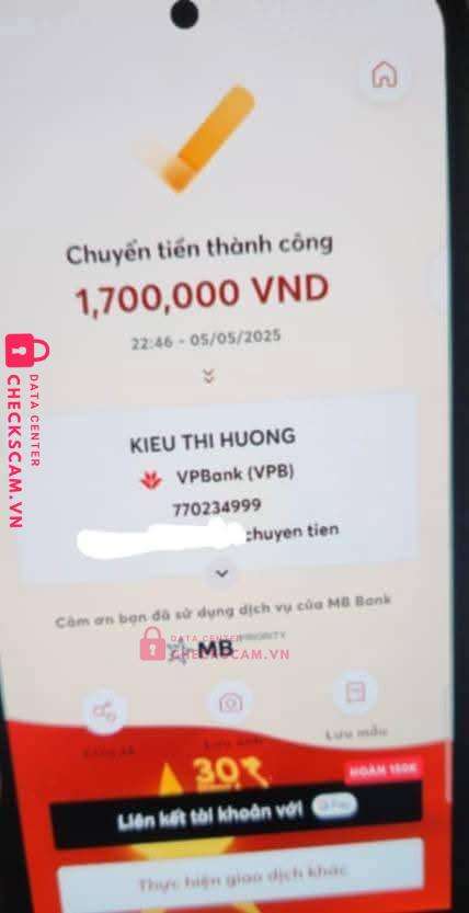 770234999 KIEU THI HUONG VP BANK bị cảnh báo lừa đảo scam