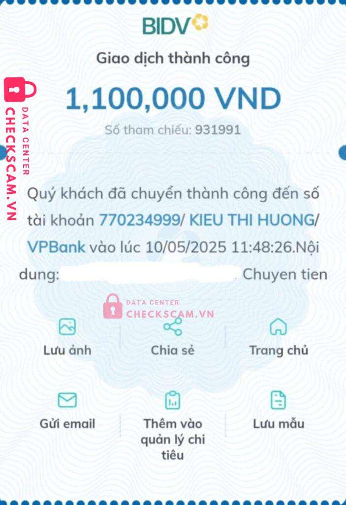 770234999 KIEU THI HUONG VP BANK bị cảnh báo lừa đảo scam