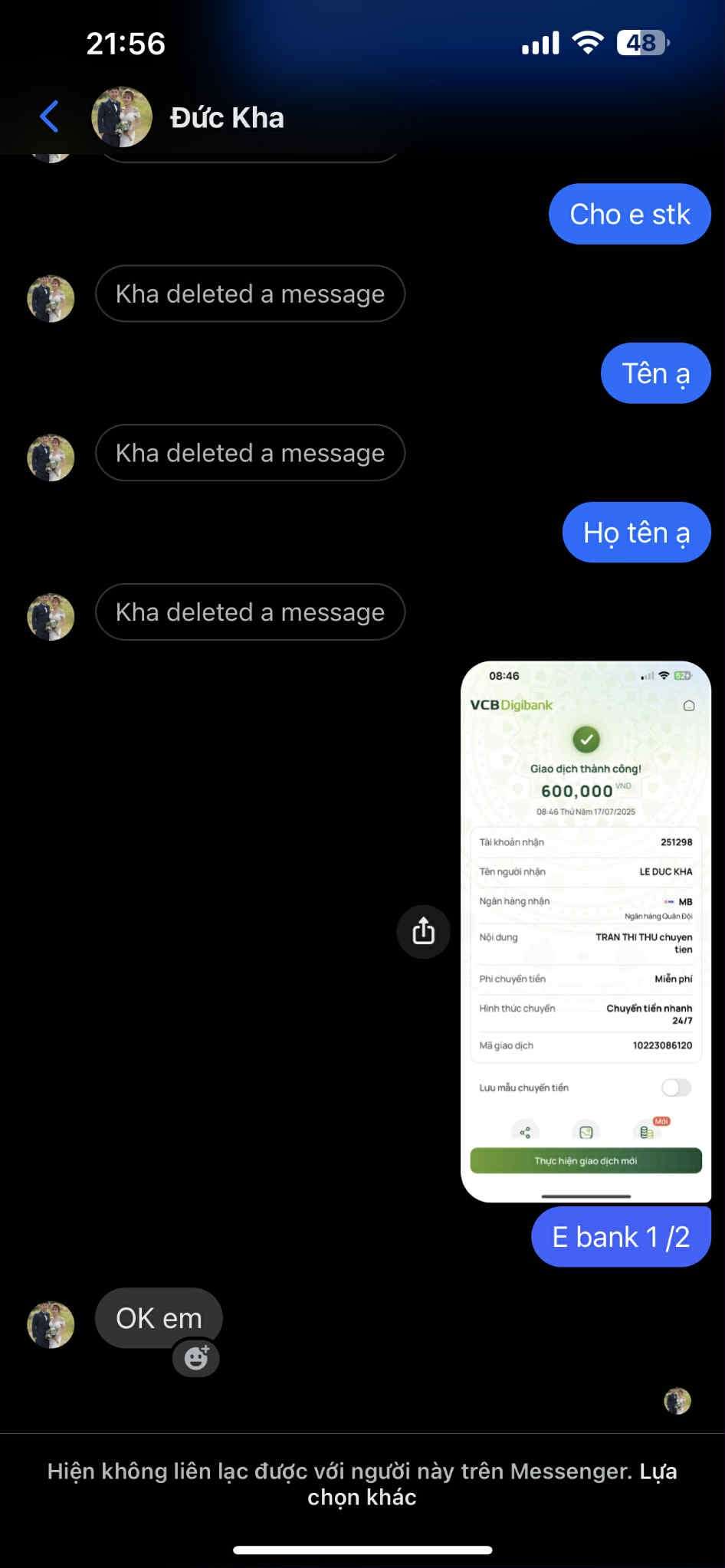 251298 LE DUC KHA MB BANK bị cảnh báo lừa đảo scam