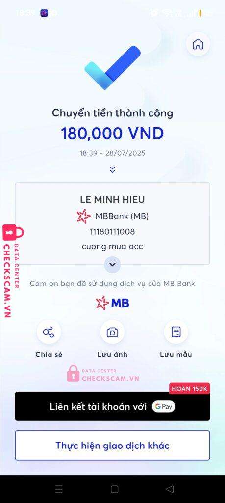 11180111008 LE MINH HIEU MB Bank bị cảnh báo lừa đảo scam