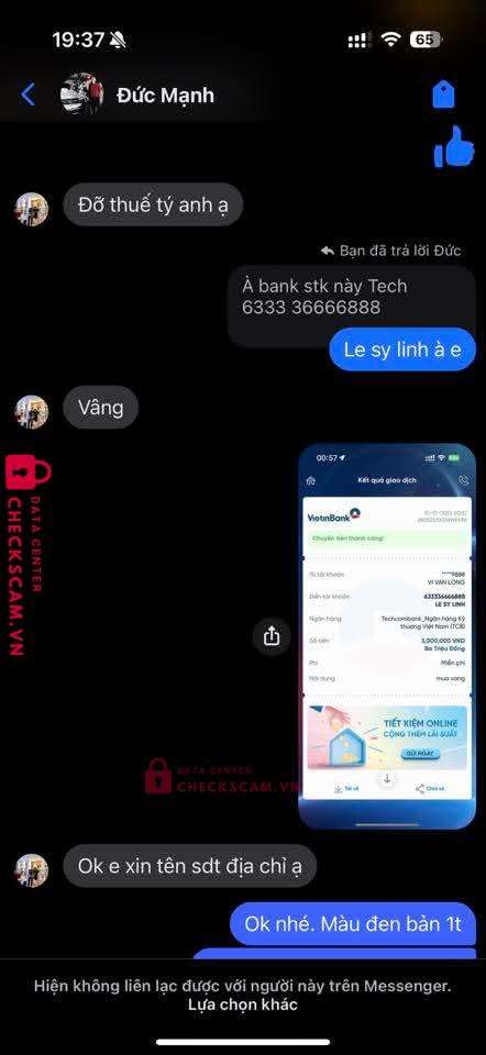 633336666888 LE SY LINH Techcombank bị cảnh báo lừa đảo scam