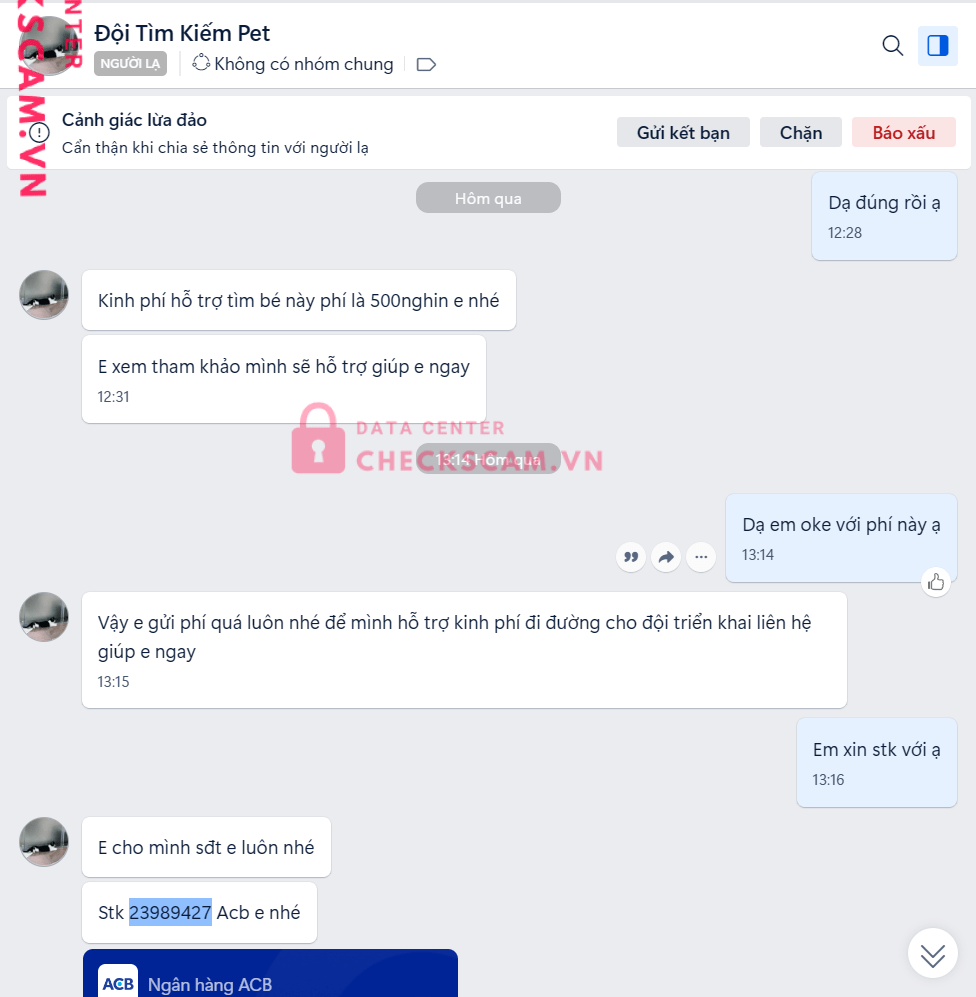 23989427 LE TRIEU VY acb bị cảnh báo lừa đảo scam