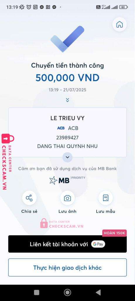 23989427 LE TRIEU VY acb bị cảnh báo lừa đảo scam