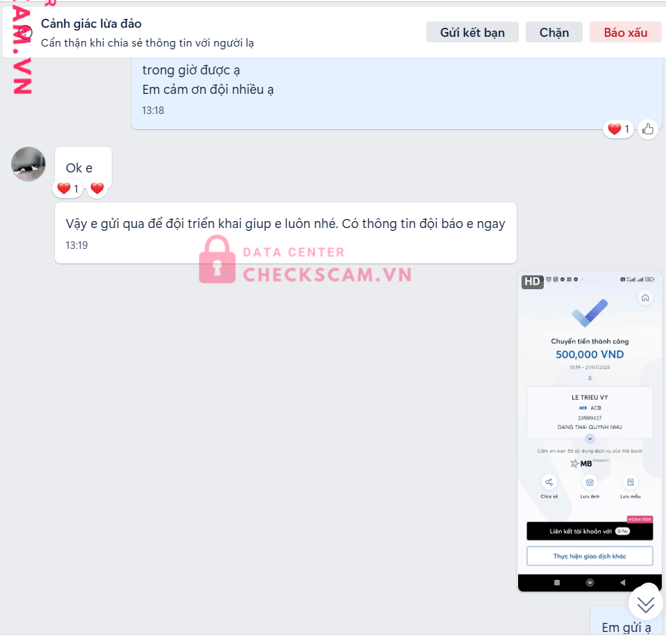 23989427 LE TRIEU VY acb bị cảnh báo lừa đảo scam