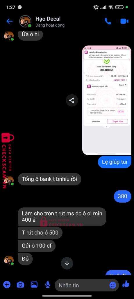 7123451211 LE VAN HAO MB BANK bị cảnh báo lừa đảo scam