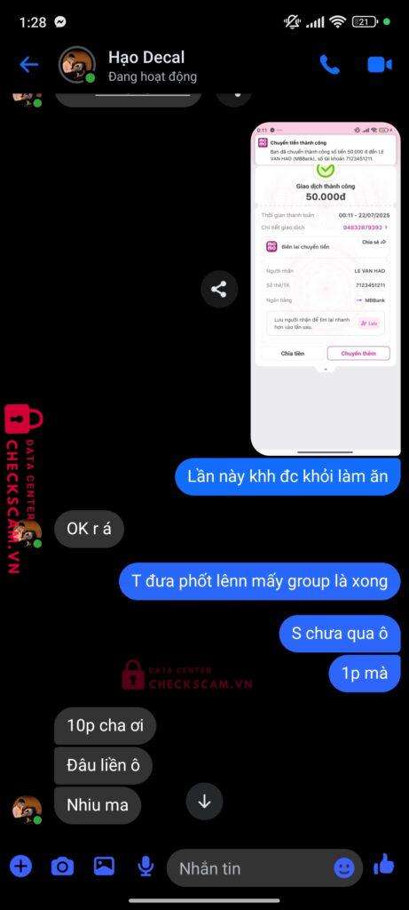 7123451211 LE VAN HAO MB BANK bị cảnh báo lừa đảo scam