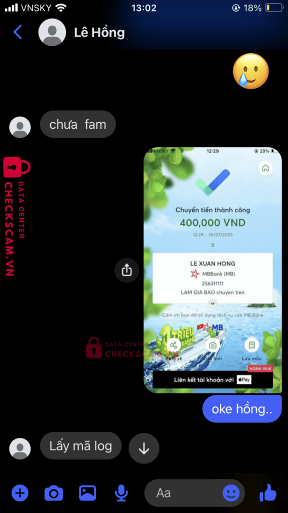 256311111 LE XUAN HONG MB bị cảnh báo lừa đảo scam