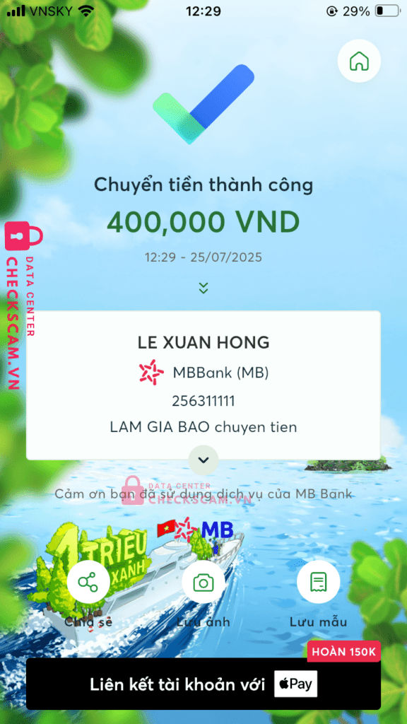 256311111 LE XUAN HONG MB bị cảnh báo lừa đảo scam