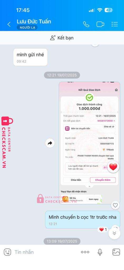 00001597173 LUU DUC TUAN tp bank bị cảnh báo lừa đảo scam