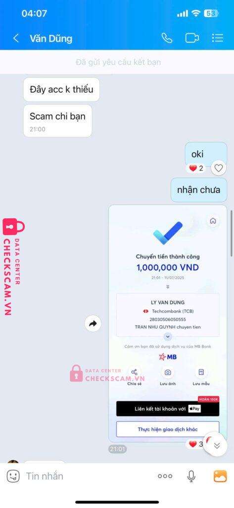 28030506050555 LY VAN DUNG techcombank bị cảnh báo lừa đảo scam