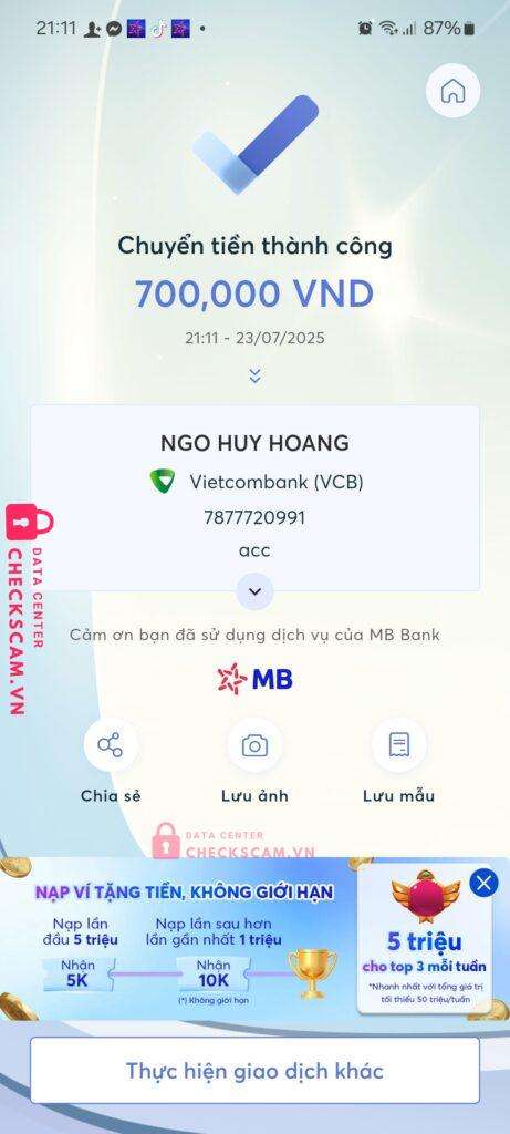 7877720991 NGO HUY HOANG vcb bị cảnh báo lừa đảo scam