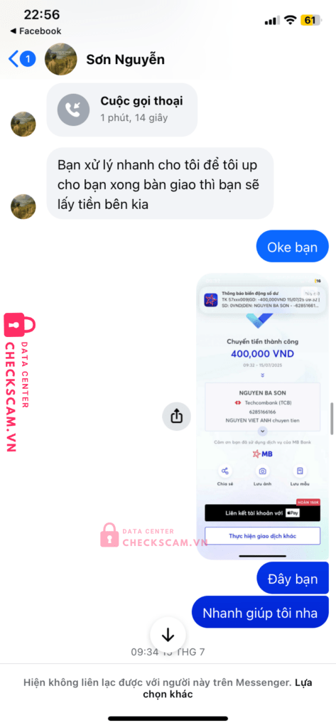 6285166166 NGUYEN BA SON Techcombank bị cảnh báo lừa đảo scam