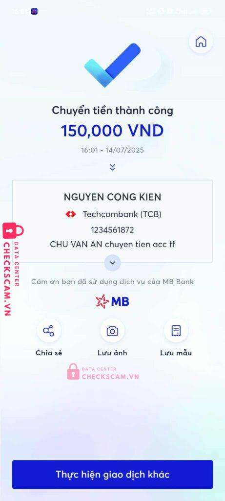 1234561872 NGUYEN CONG KIEN Techcombank bị cảnh báo lừa đảo scam