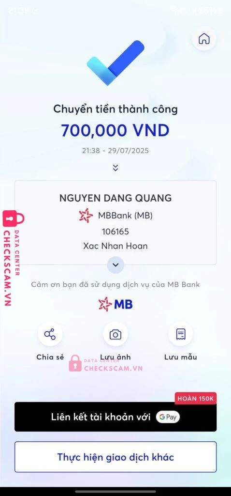 106165 NGUYEN DANG QUANG MB BANK bị cảnh báo lừa đảo scam