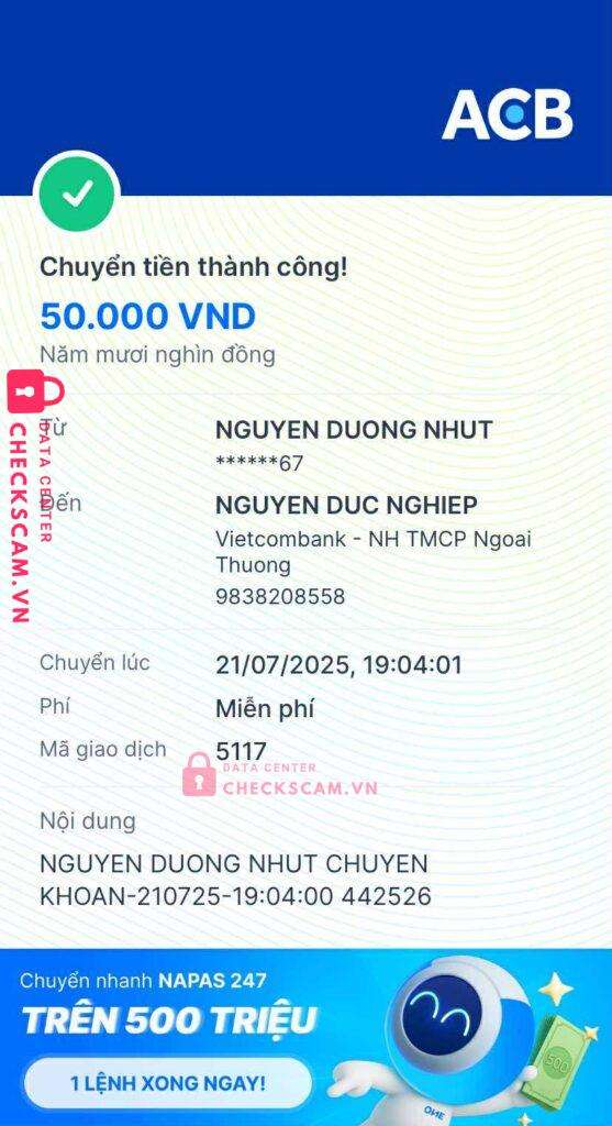 9838208558 NGUYEN DUC NGHIEP vietcombank bị cảnh báo lừa đảo scam
