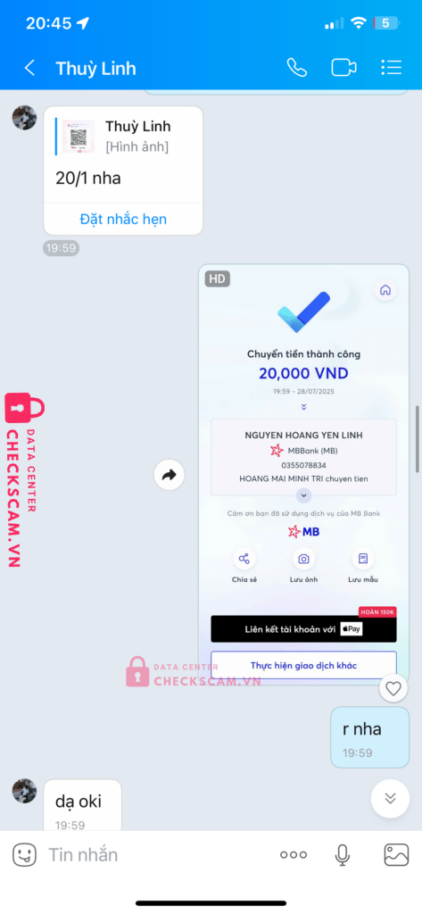 0355078834 NGUYEN HOANG YEN LINH MB BANK bị cảnh báo lừa đảo scam