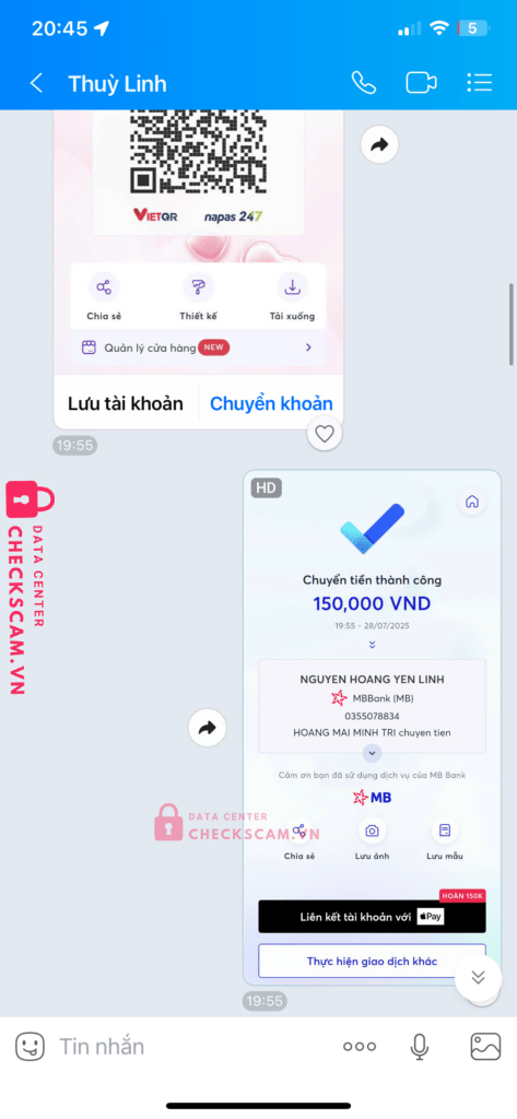 0355078834 NGUYEN HOANG YEN LINH MB BANK bị cảnh báo lừa đảo scam