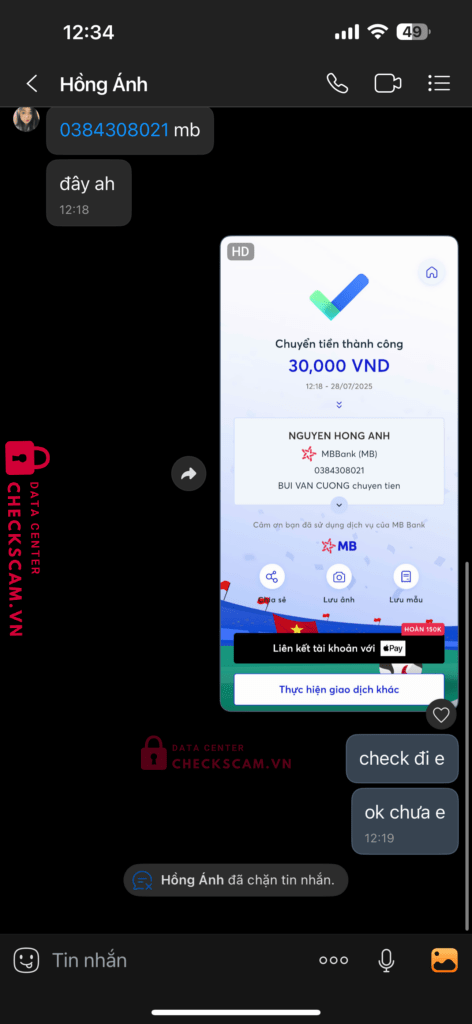 0384308021 NGUYEN HONG ANH MB BANK bị cảnh báo lừa đảo scam