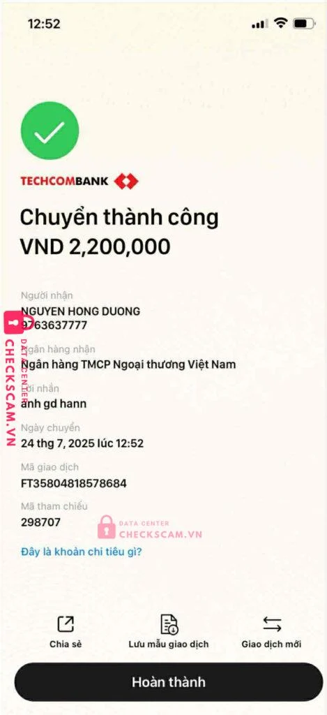 9763637777 NGUYEN HONG DUONG Techcombank bị cảnh báo lừa đảo scam