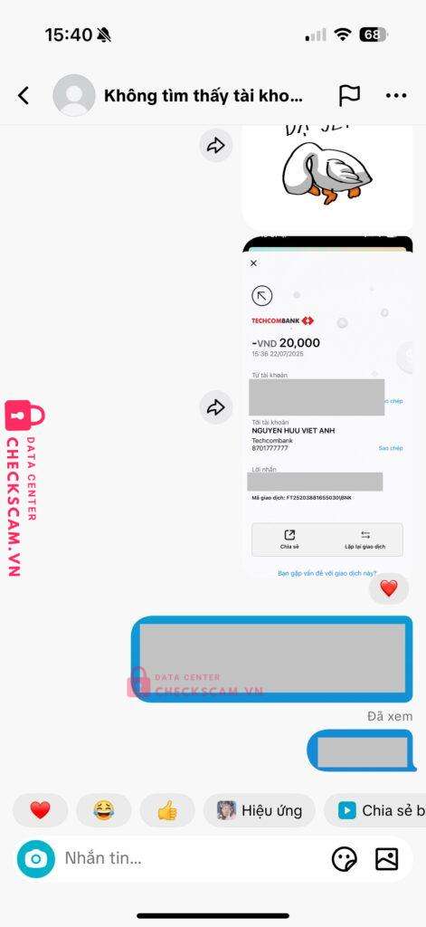 8701777777 NGUYEN HUU VIET ANH Techcombank bị cảnh báo lừa đảo scam