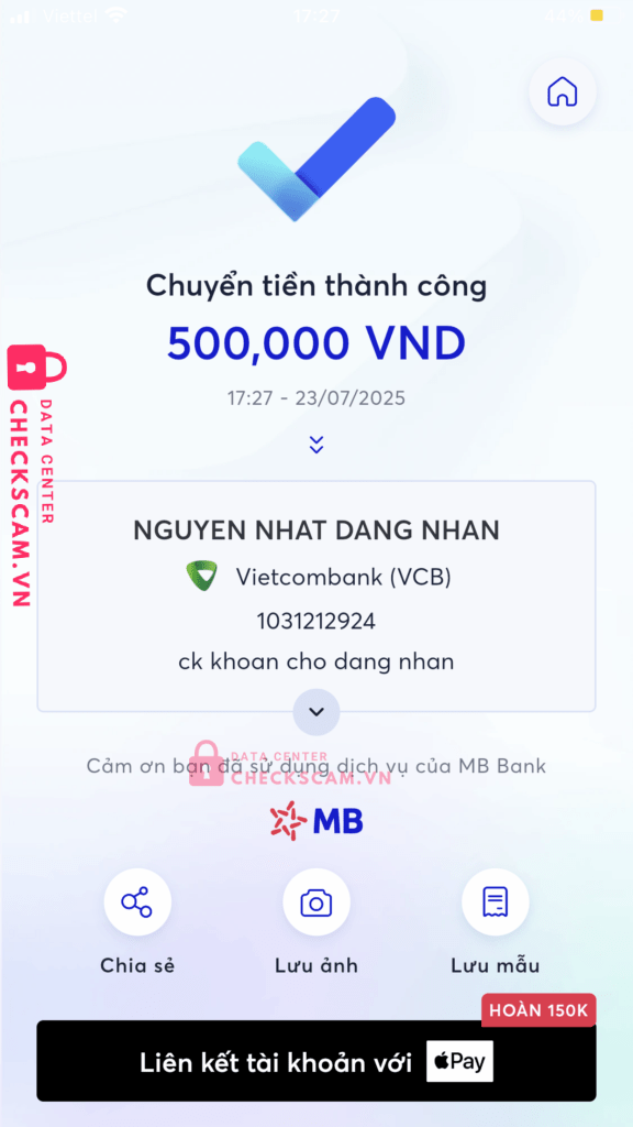 1031212924 NGUYEN NHAT DANG NHAN vcb bị cảnh báo lừa đảo scam
