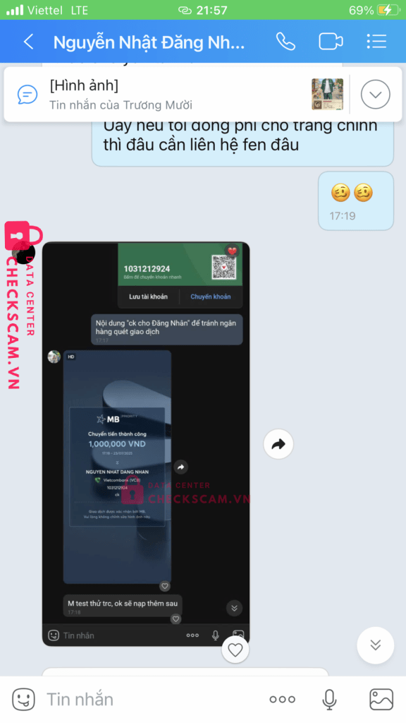 1031212924 NGUYEN NHAT DANG NHAN vcb bị cảnh báo lừa đảo scam