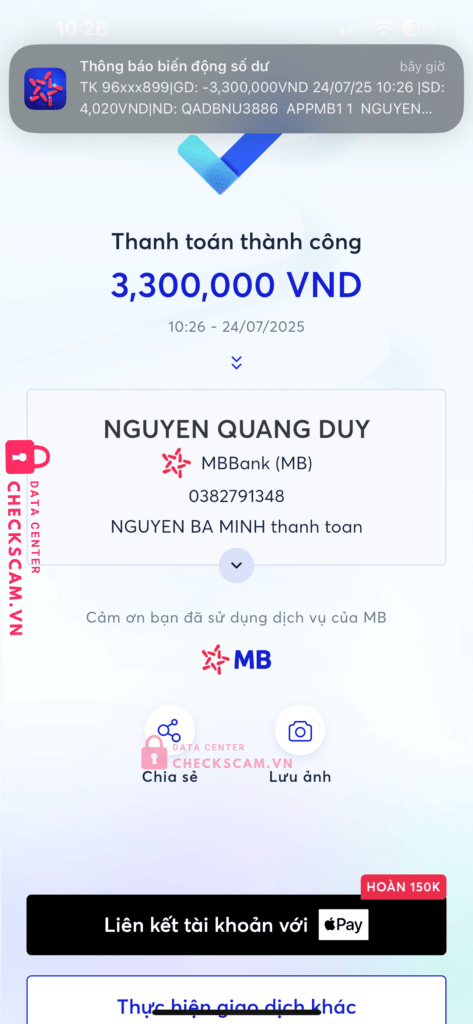 0382791348 NGUYEN QUANG DUY MB BANK bị cảnh báo lừa đảo scam