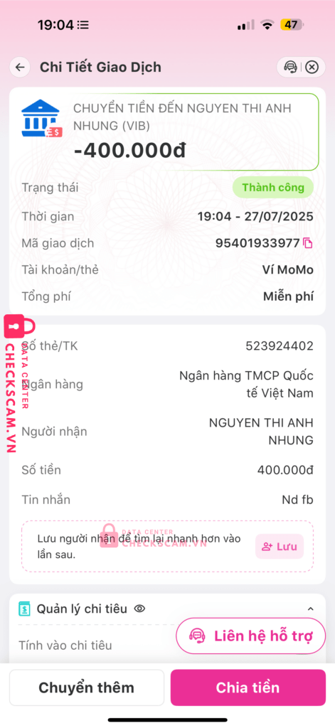 523924403 NGUYEN THI ANH NHUNG VIB bị cảnh báo lừa đảo scam