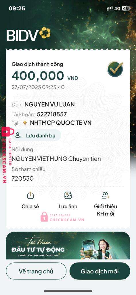 522718557 NGUYEN VU LUAN VIB bị cảnh báo lừa đảo scam