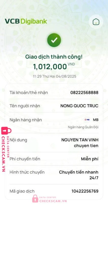08222568888 NONG QUOC TRUC MB BANK bị cảnh báo lừa đảo scam
