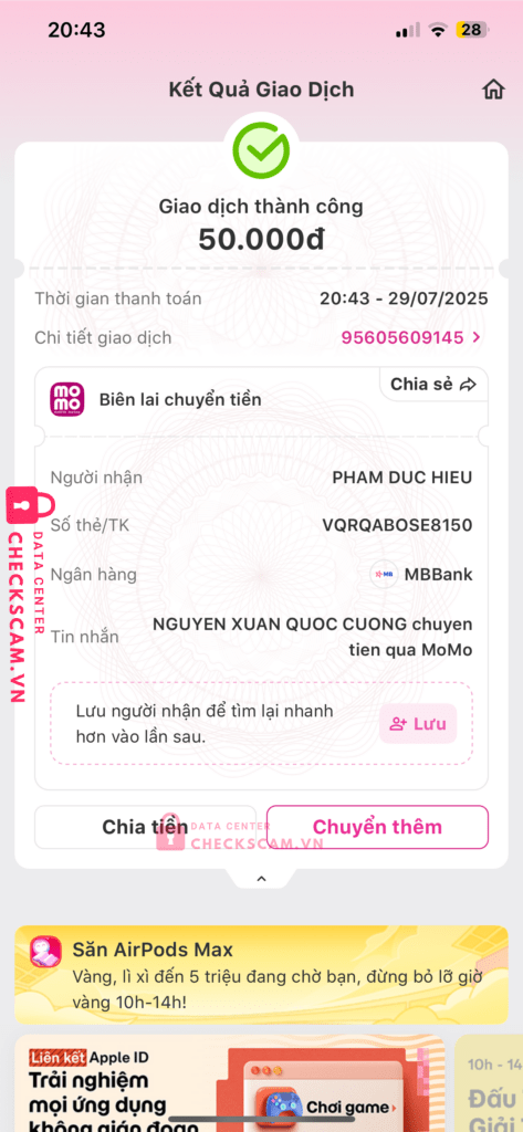 0257130819999 PHAM DUC HIEU MB Bank bị cảnh báo lừa đảo scam