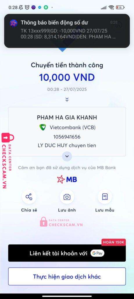 1056941656 PHAM HA GIA KHANH VCB bị cảnh báo lừa đảo scam