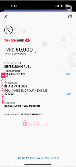 320762 PHAM VAN DIEP mb bank bị cảnh báo lừa đảo scam