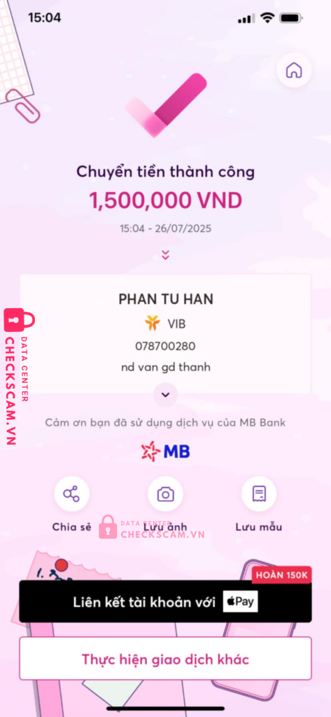 078700280 PHAN TU HAN VIB bị cảnh báo lừa đảo scam