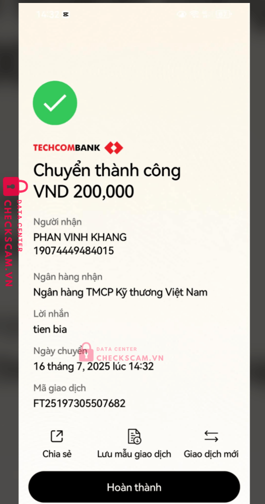 19074449484015 PHAN VINH KHANH TECHCOMBANK bị cảnh báo lừa đảo scam