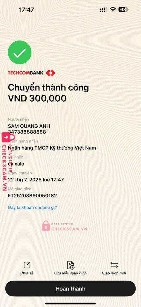 347388888888 SAM QUANG ANH techcombank bị cảnh báo lừa đảo scam