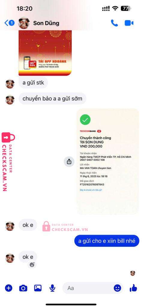 260704070002108 SON DUNG HD BANK bị cảnh báo lừa đảo scam