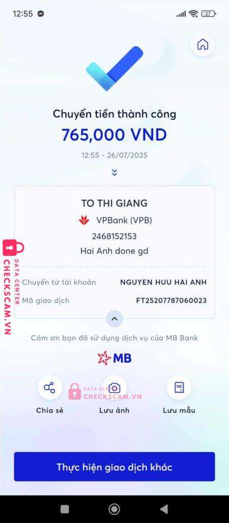 2468152153 TO THI GIANG VP BANK bị cảnh báo lừa đảo scam